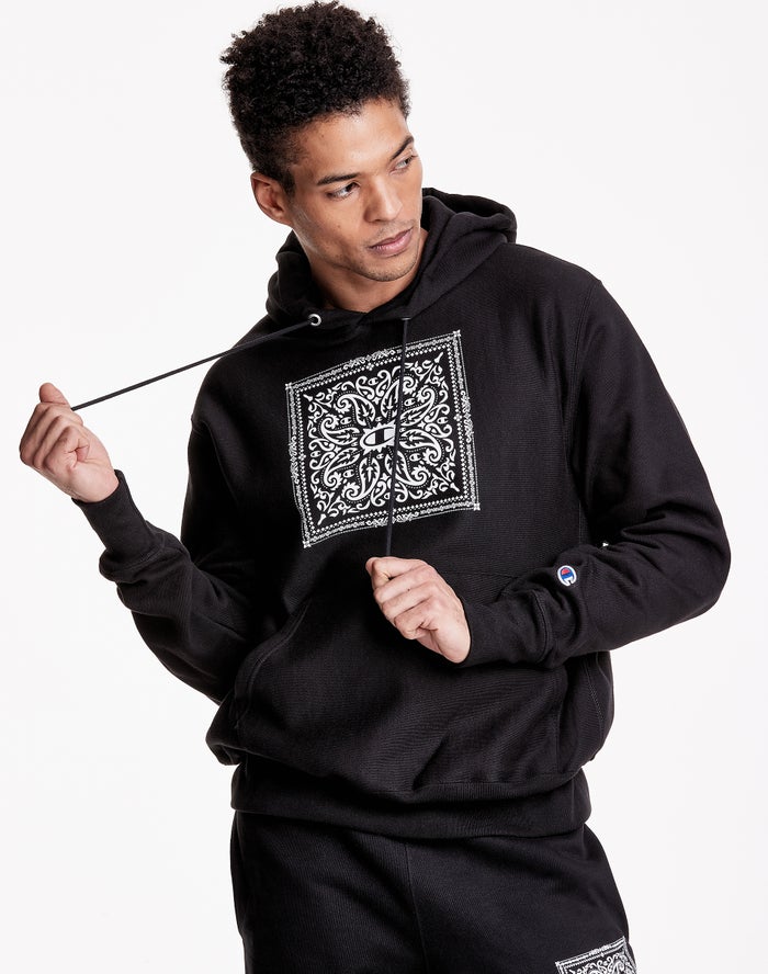 Champion Mens Hoodie NZ - Reverse Weave Bandana Print With C Logos Black ( 1540-SQHNC )